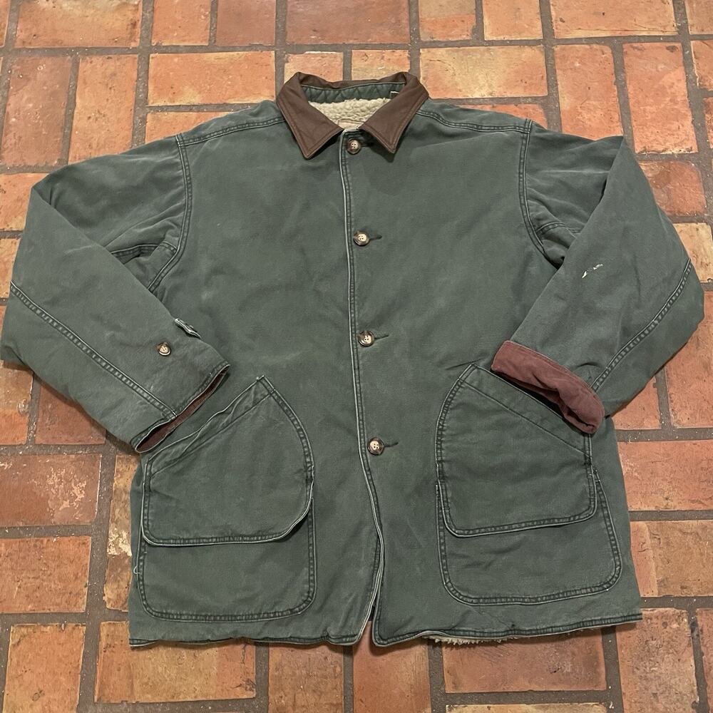 American Eagle Jacket Mens XL Green Chore Barn Coat Flannel Lined Leather Collar